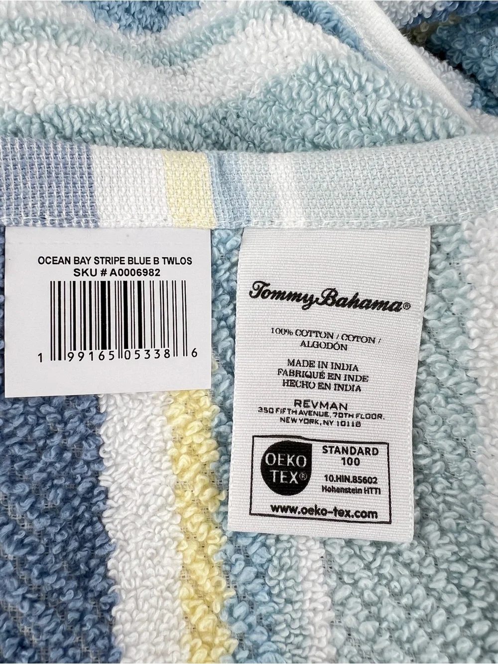 Tommy Bahama Bath Towels Ocean Bay Stripe Blue Yellow White Soft Cotton 2 Pc NEW